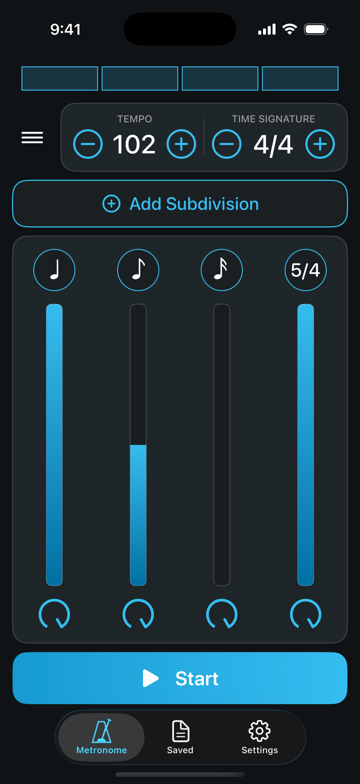 Metronomics standard metronome with individual subdivision levels and a five-over-four rhythm