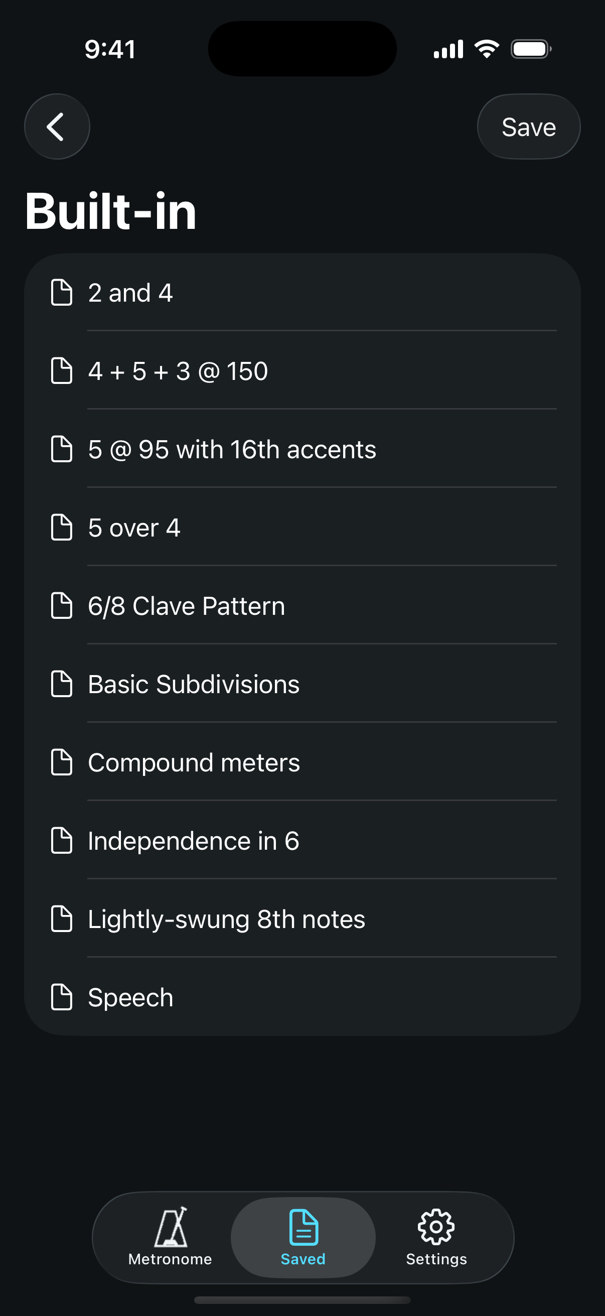 Built-in metronome setups including clave, mixed meters, and independence practice